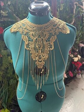 Statement Gold Lace Collar Necklace with Draped Spike Chains